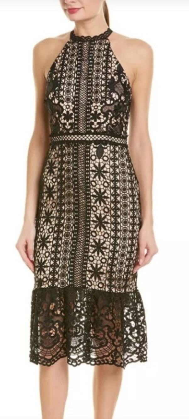 Champagne & Strawberry Black And Nude Midi Dress Lace Embroidery Size Small